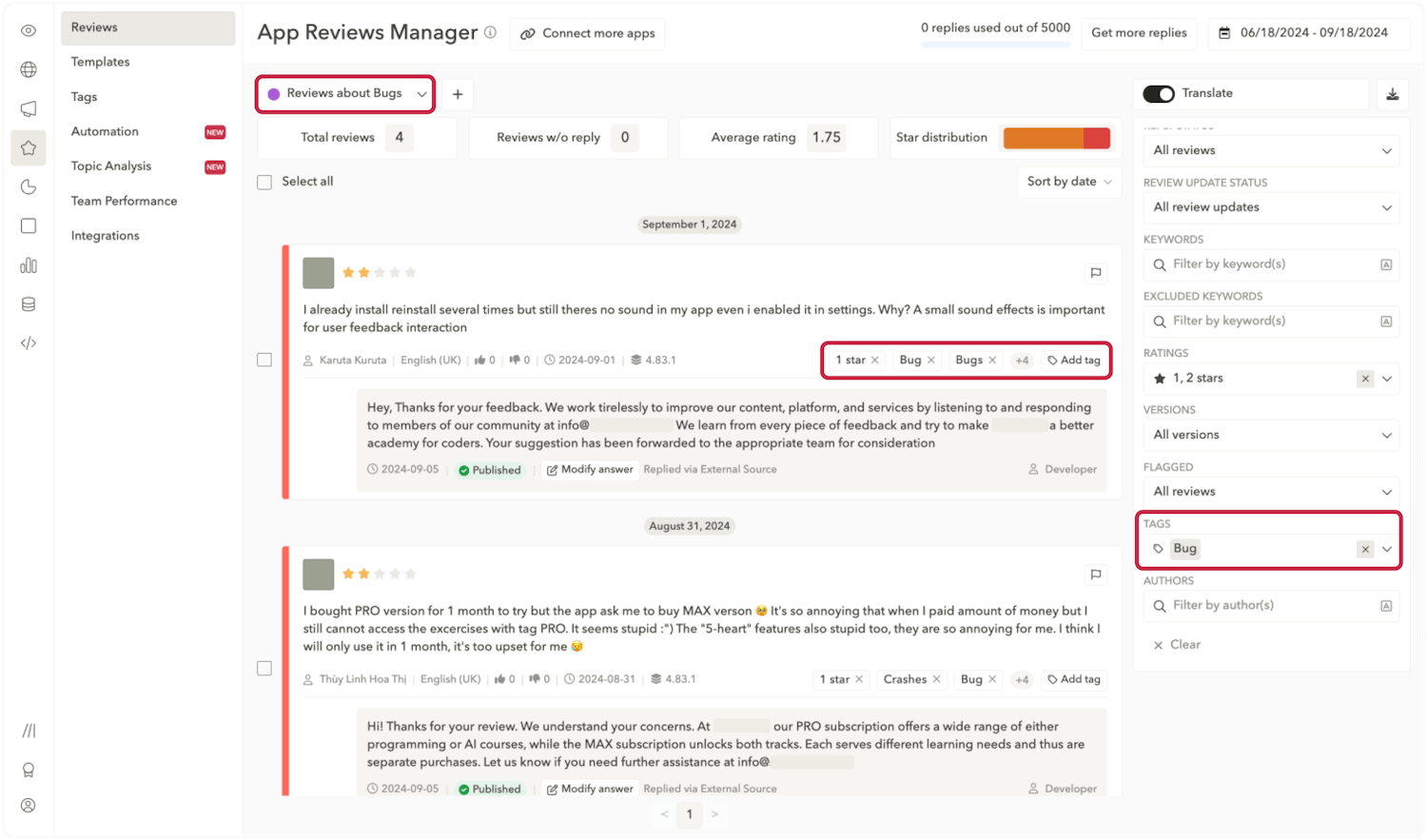 More quickly access app reviews based on feedback criteria with automated tags. Source: AppTweak