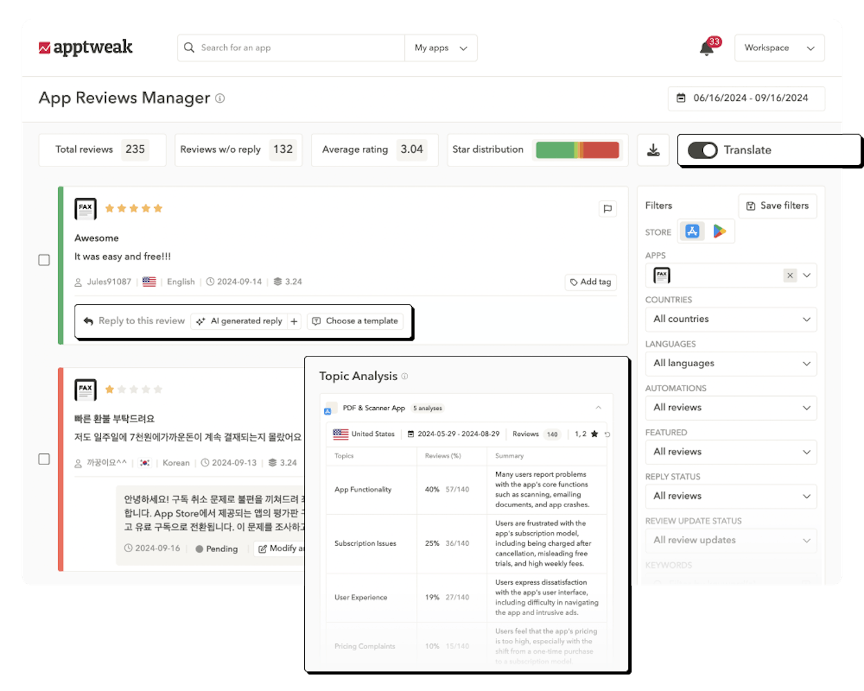App Reviews Manager - AppTweak's app reviews tool