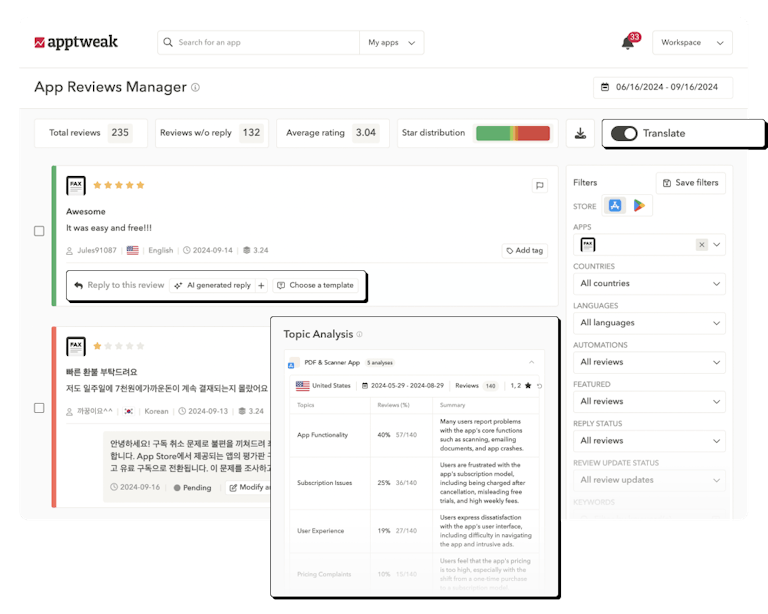 App Reviews Manager - AppTweak's app reviews tool