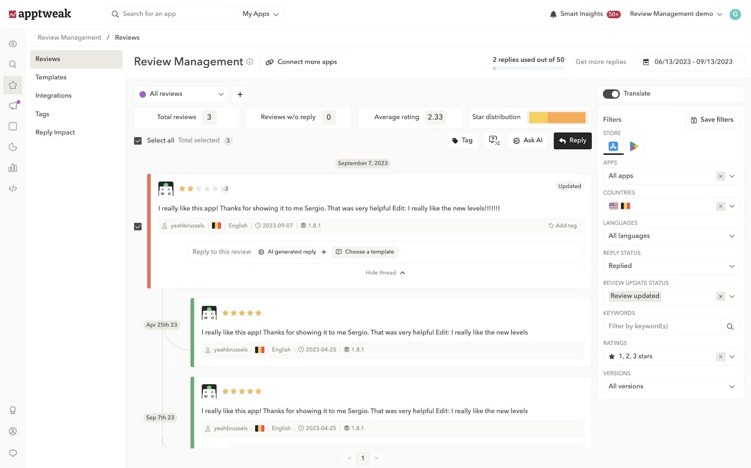 最高のアプリレビュー数ツール - アプリストアレビュー数への返信を時間を節約しより効率的に行います