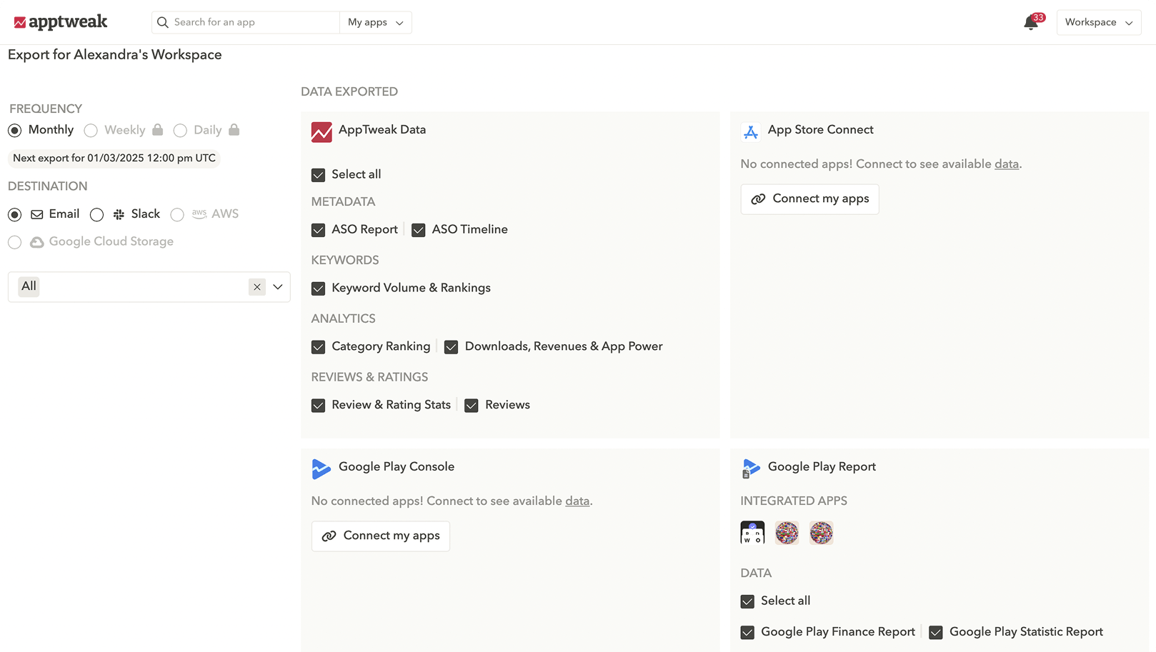 screenshot of data export capabilities with automated exports in apptweak