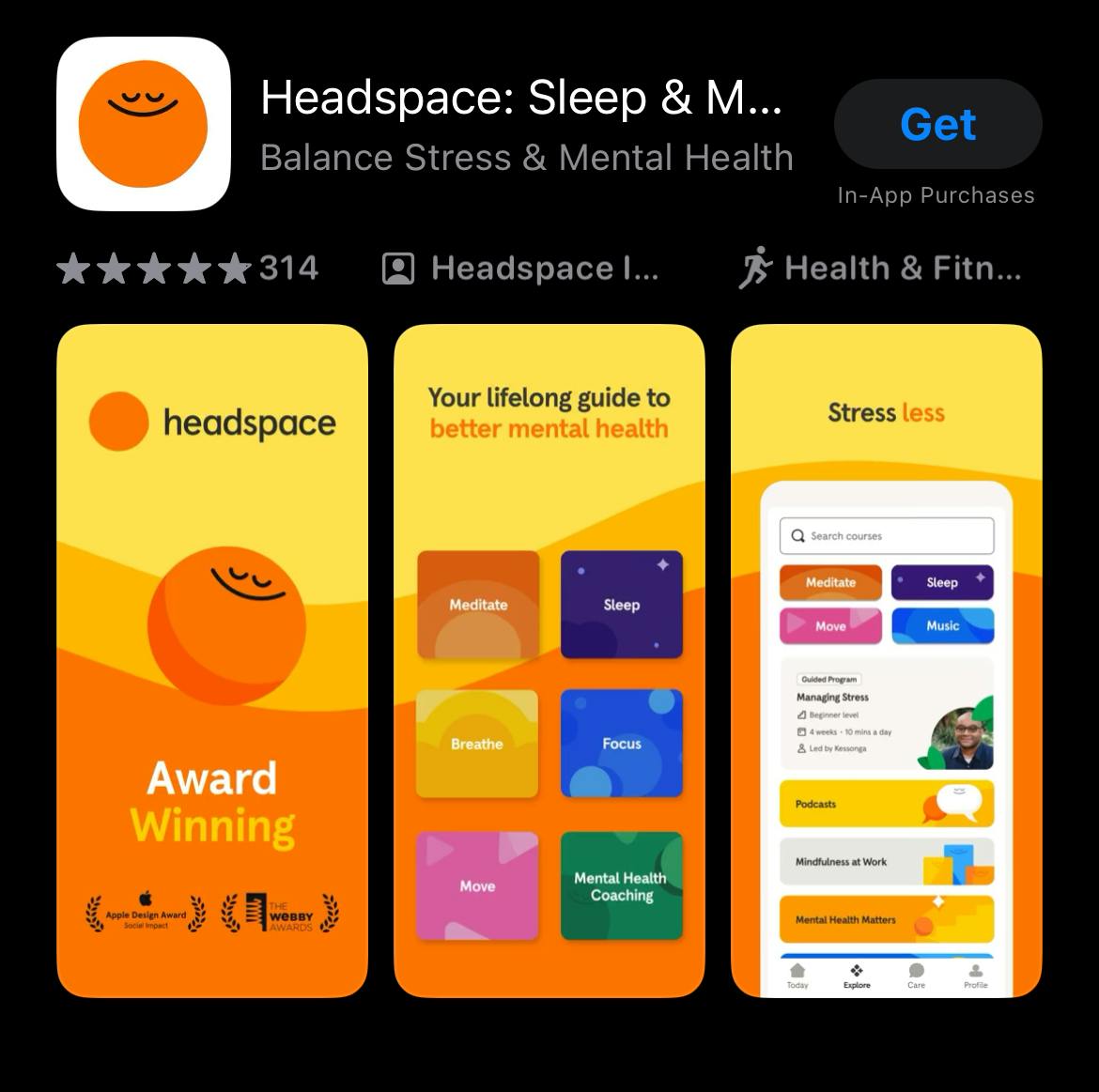 应用商店截图指南 - Headspace 在 App Store 上的第一张截图侧重于建立信任