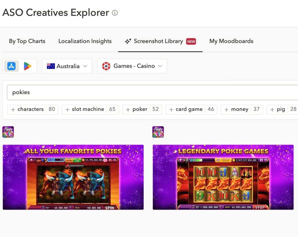 ASOローカライズの例：カジノポーカーゲームアプリのオーストラリアのスクリーンショットは、これらのゲームの口語的な単語「ポケ」を使用しています
