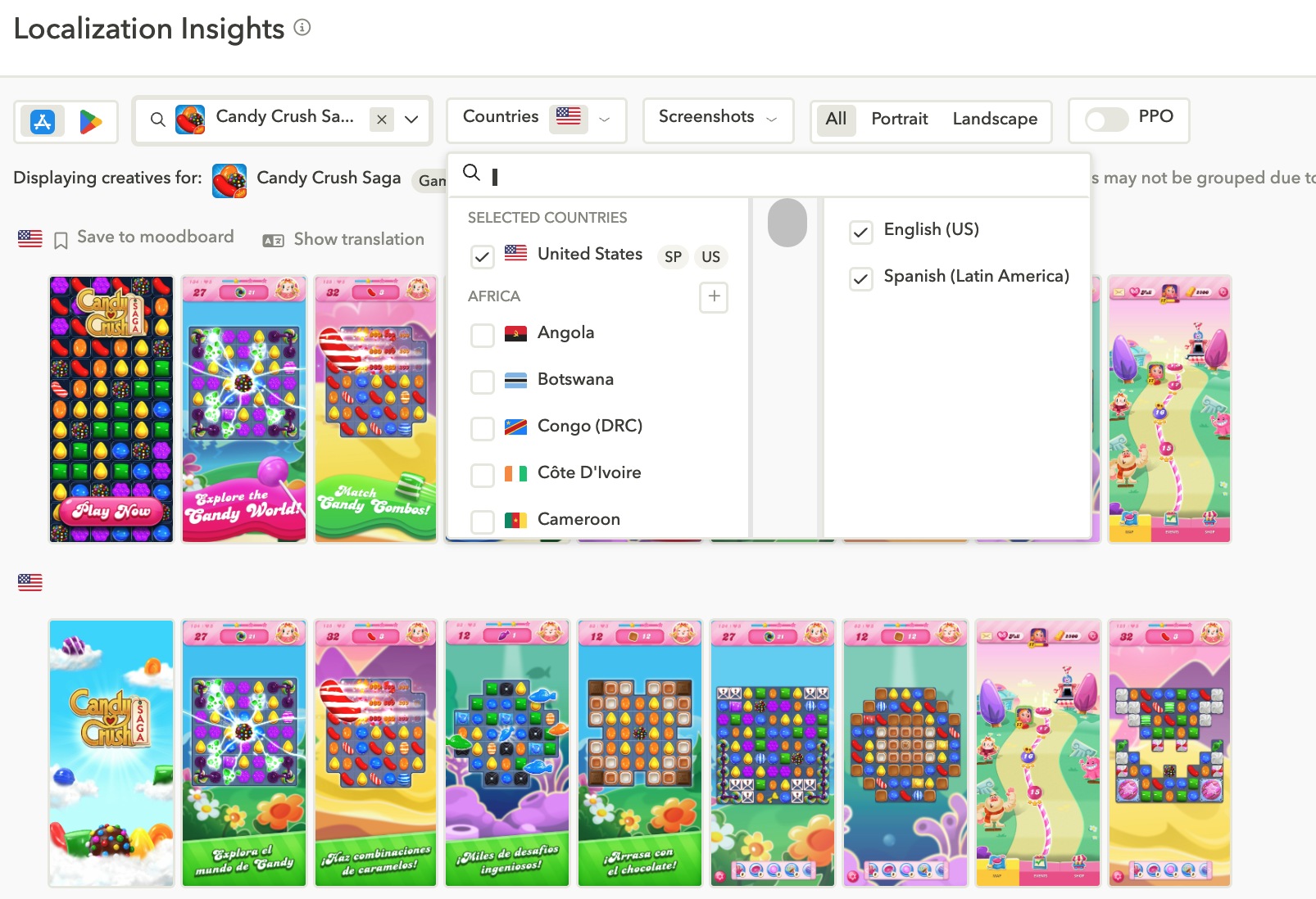 App localization from Candy Crush Saga, showing how the app localized its screenshots for its Spanish-speaking audience in the U.S.
