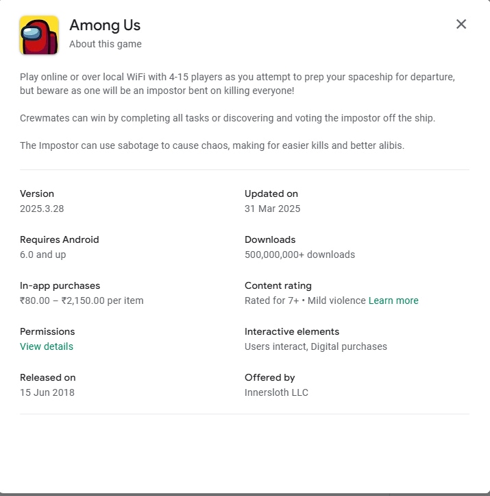 Google Play store keyword research was done by Among Us app as evidenced by it's adventure-oriented keywords in its description.