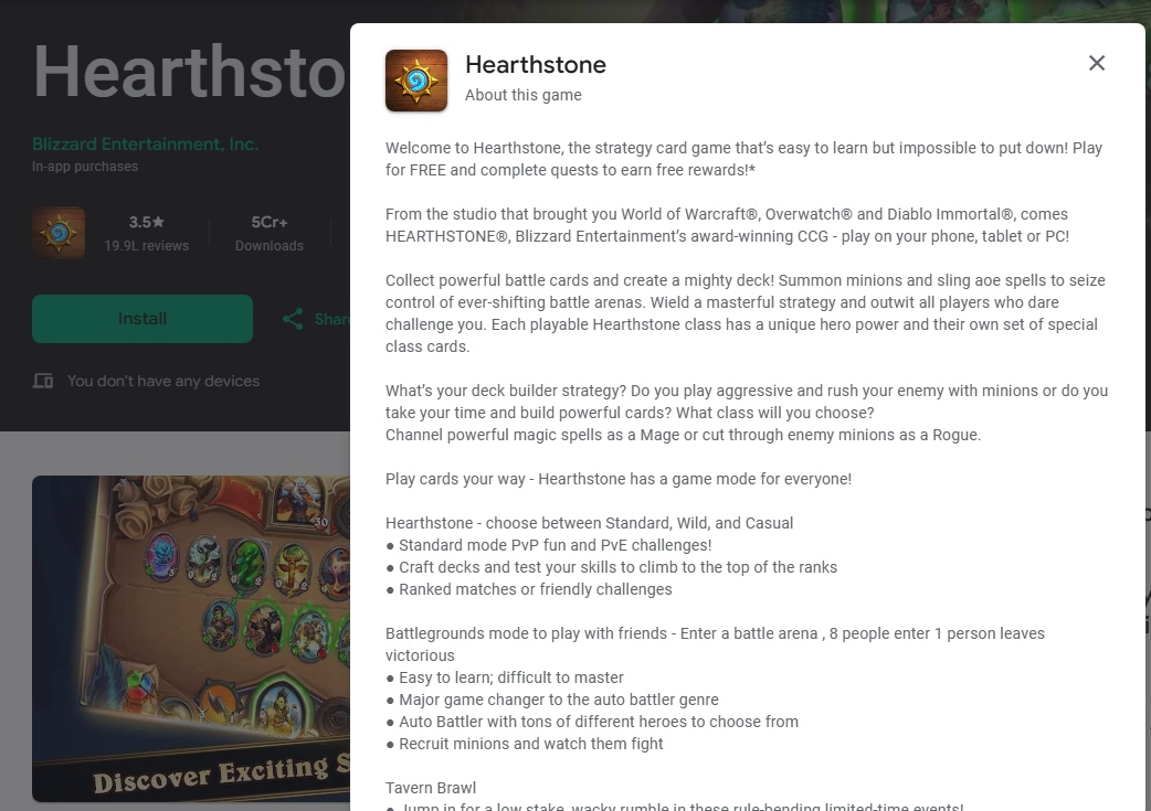 Hearthstone centers its Google Play description around “strategy” as both a keyword and core value proposition
