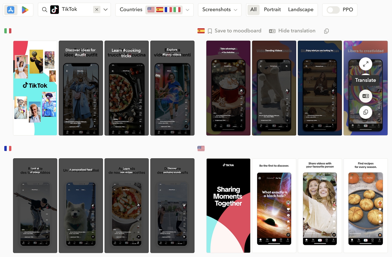 TikTok’s app screenshots in Italy, Spain, France - translated for deeper localization insights.
