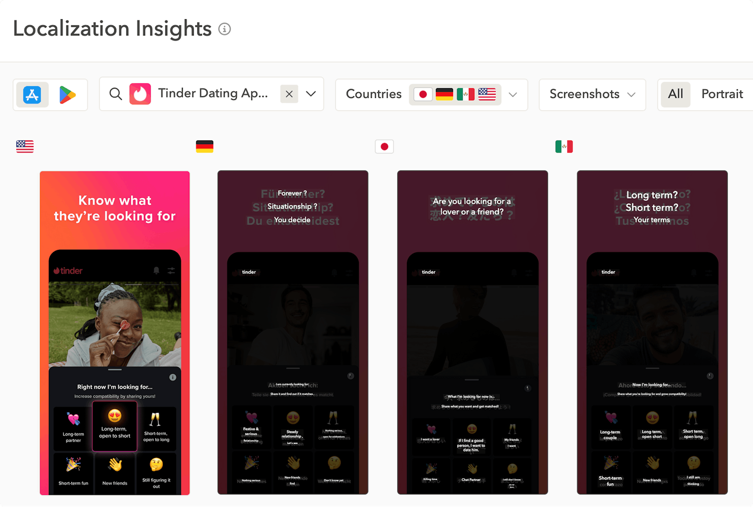 Tinder localizes messaging (as well as models and UI elements) to reflect cultural differences while keeping branding consistent.