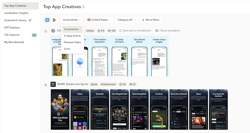 ASO creatives explorer - AppTweak
