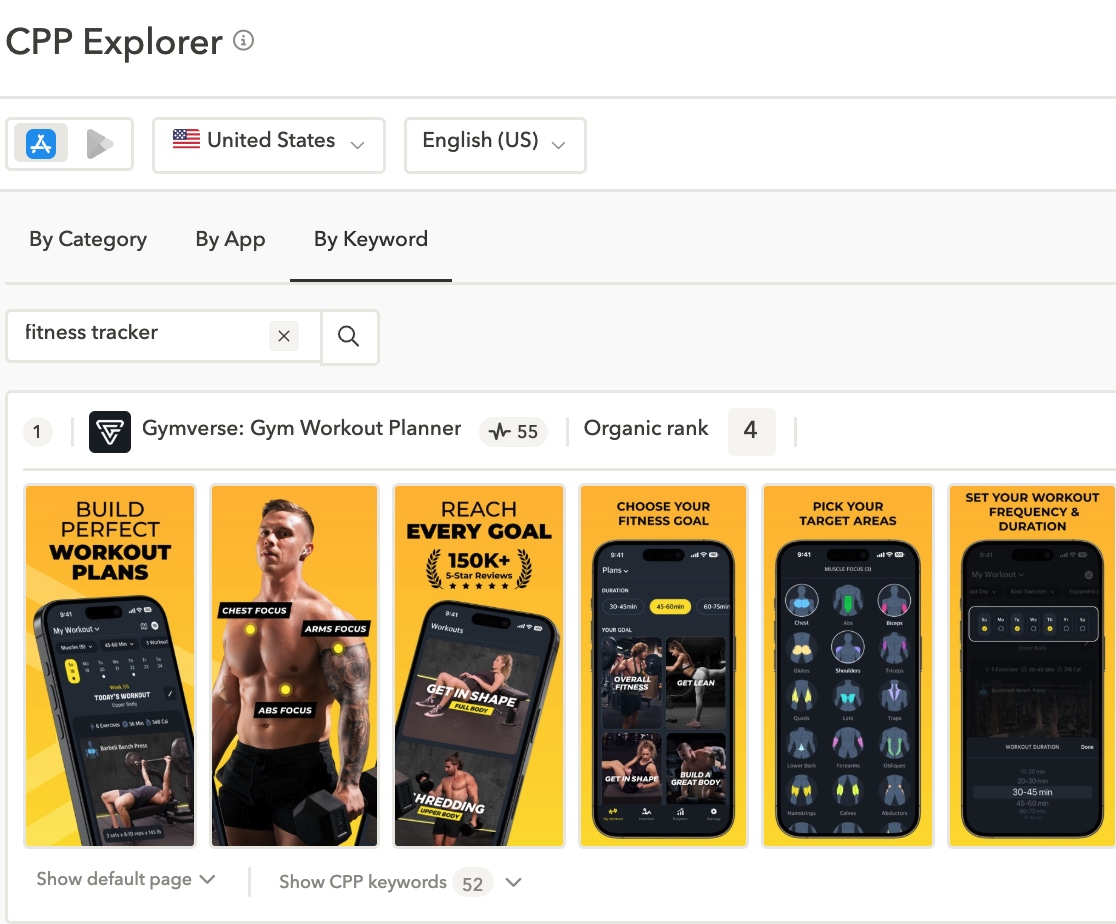 Example of AppTweak's CPP Explorer, with which you can inform your custom product pages for your Apple Ads.
