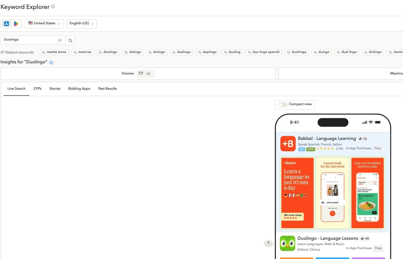 Example of competitor intelligence for Apple Ads in AppTweaks' Keyword Explorer.
