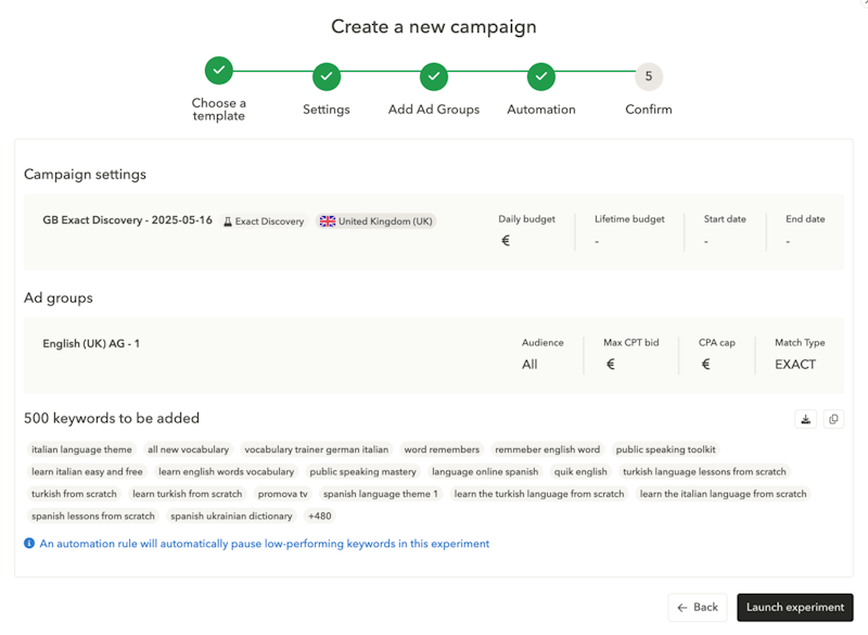 Apple Ads campaign creation in AppTweak's Campaign Manager