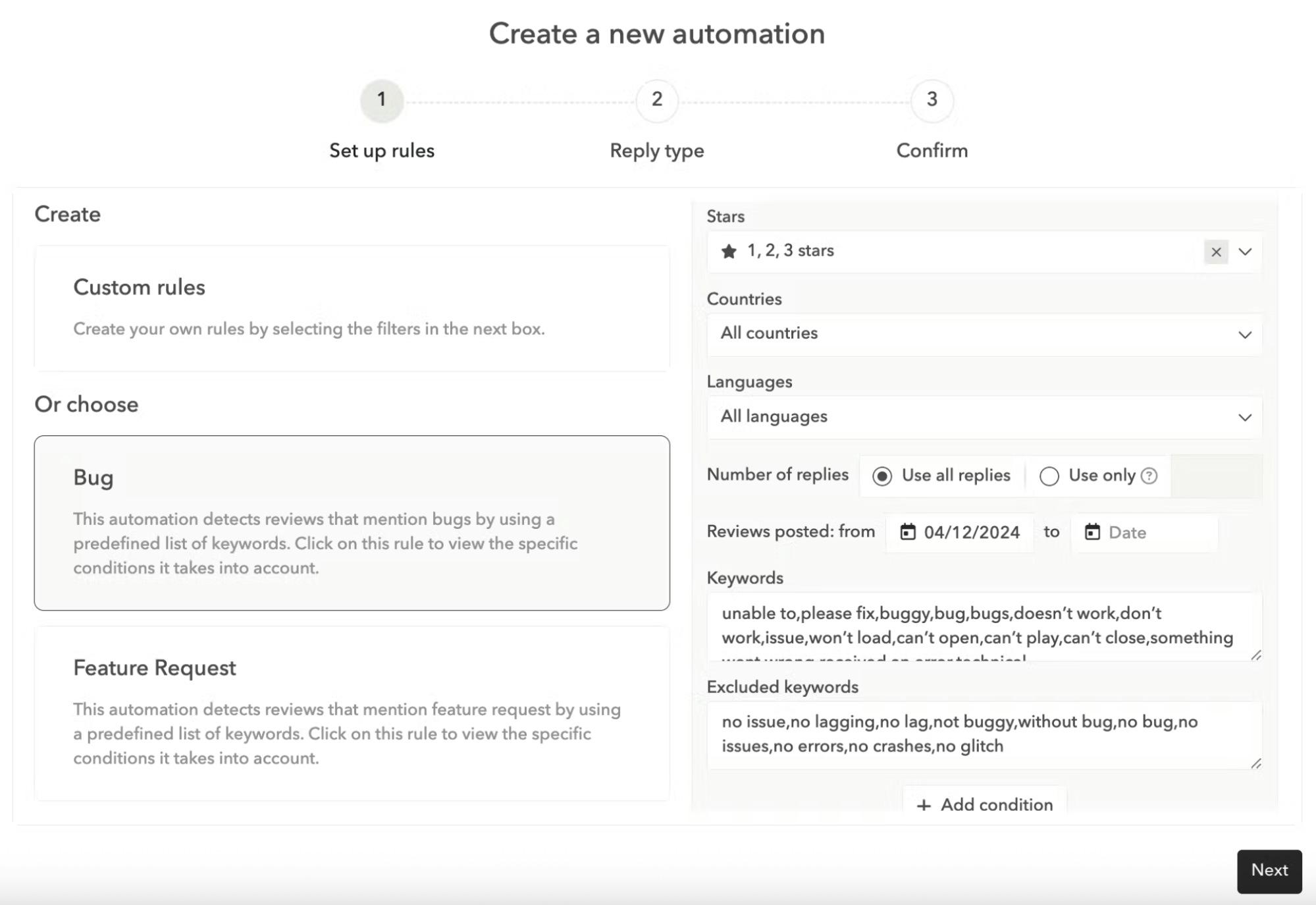 app reviews and ratings - Set custom automation rules based on specific criteria to reply instantly to reviews