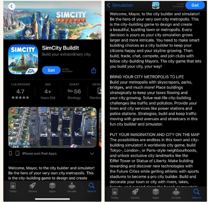 SimCity’s description on the App Store - optimized for App Store rankings
