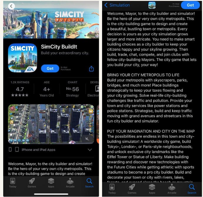 App StoreにおけるSimCityの説明(文) - App Storeランキング向けに最適化