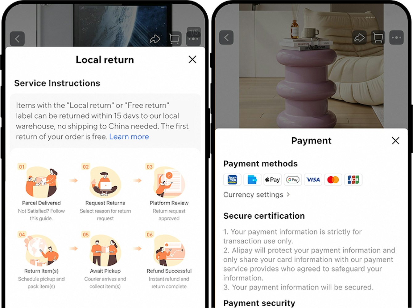 Localized payment methods in the Taobao app
