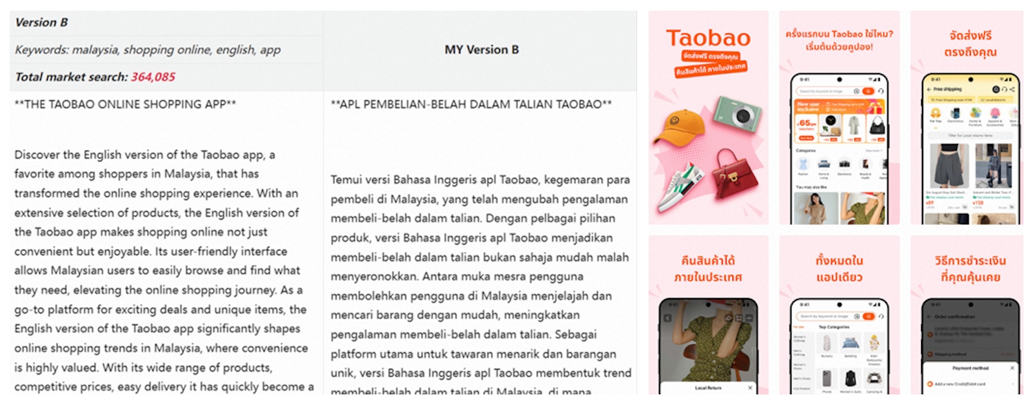 Taobao local language copy-writing (left) and local language banner (right)