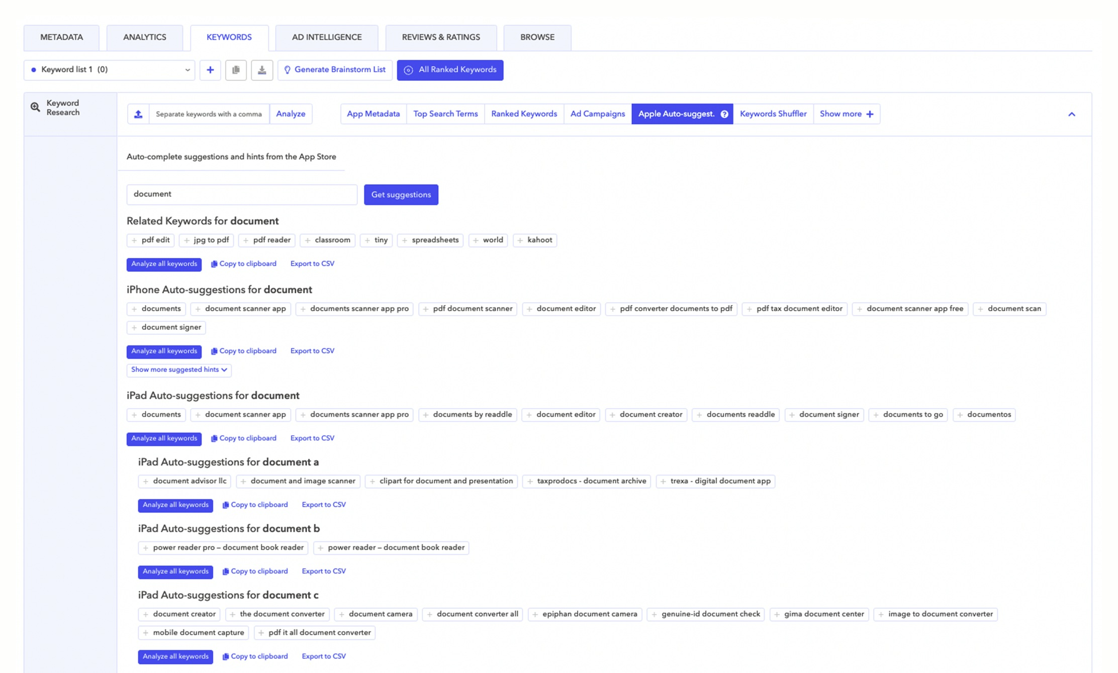 Opportunity keywords - Free ASO Tools - Adobe Fill & Sign