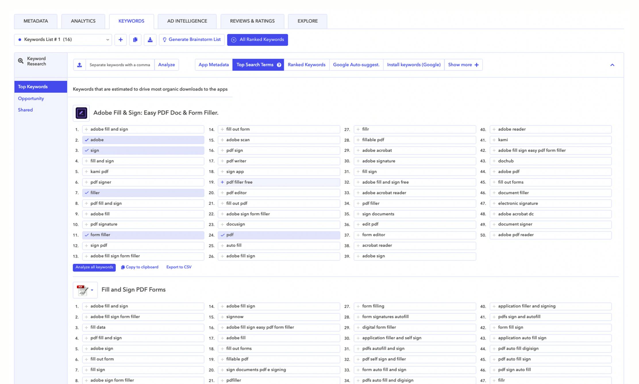 Top search terms - Free ASO Tools - Adobe Fill & Sign