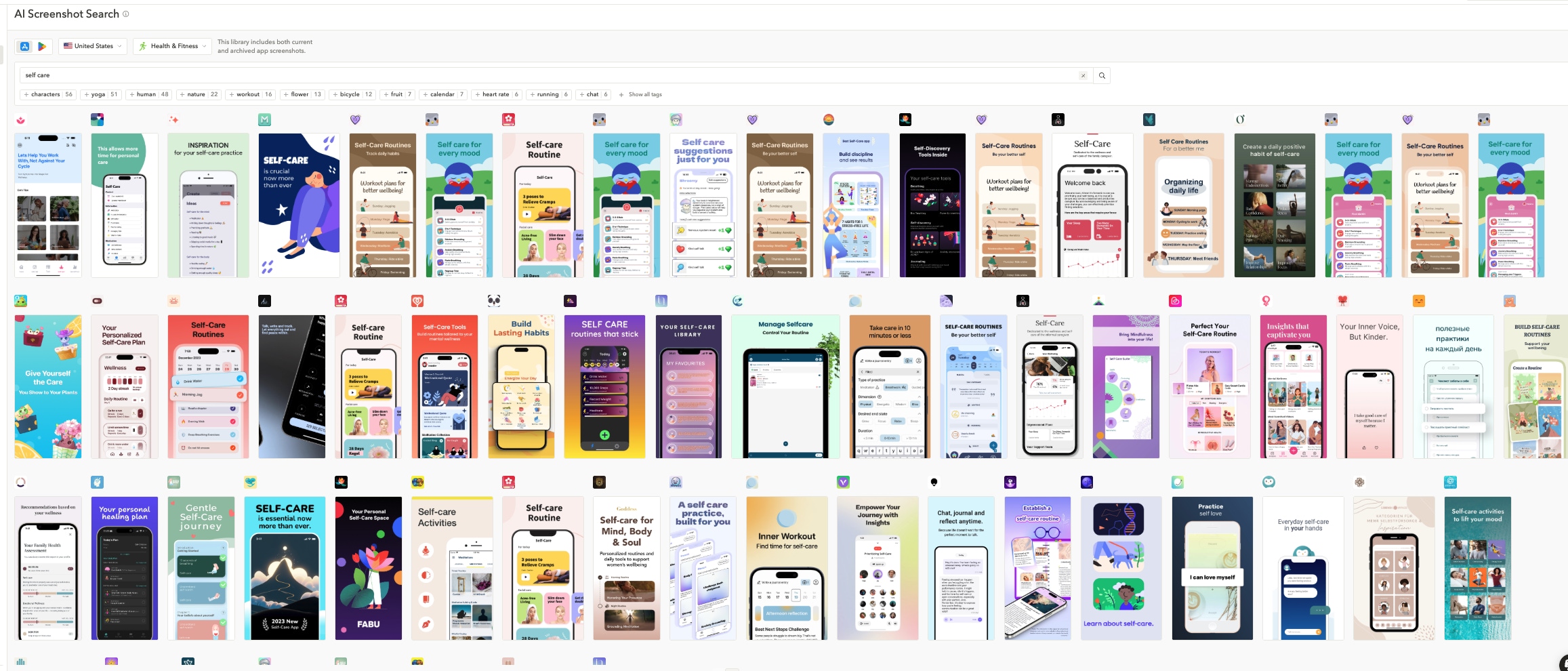 AppTweak's AI Screenshot Search in U.S. for "self care" term