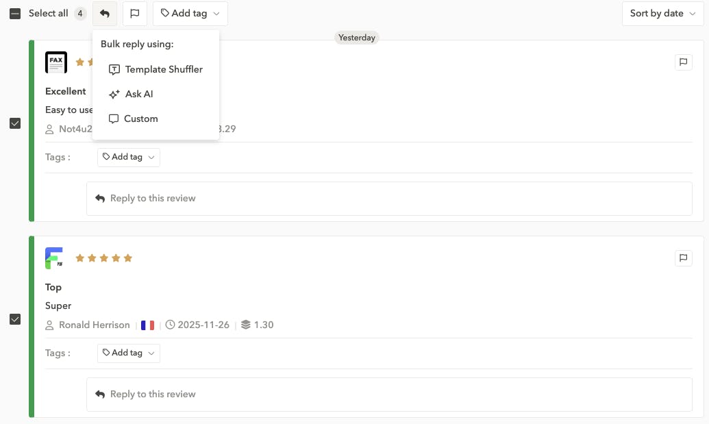 App review platforms like Apptweak enable you to reply to high volume of reviews all at once with Bulk Reply feature