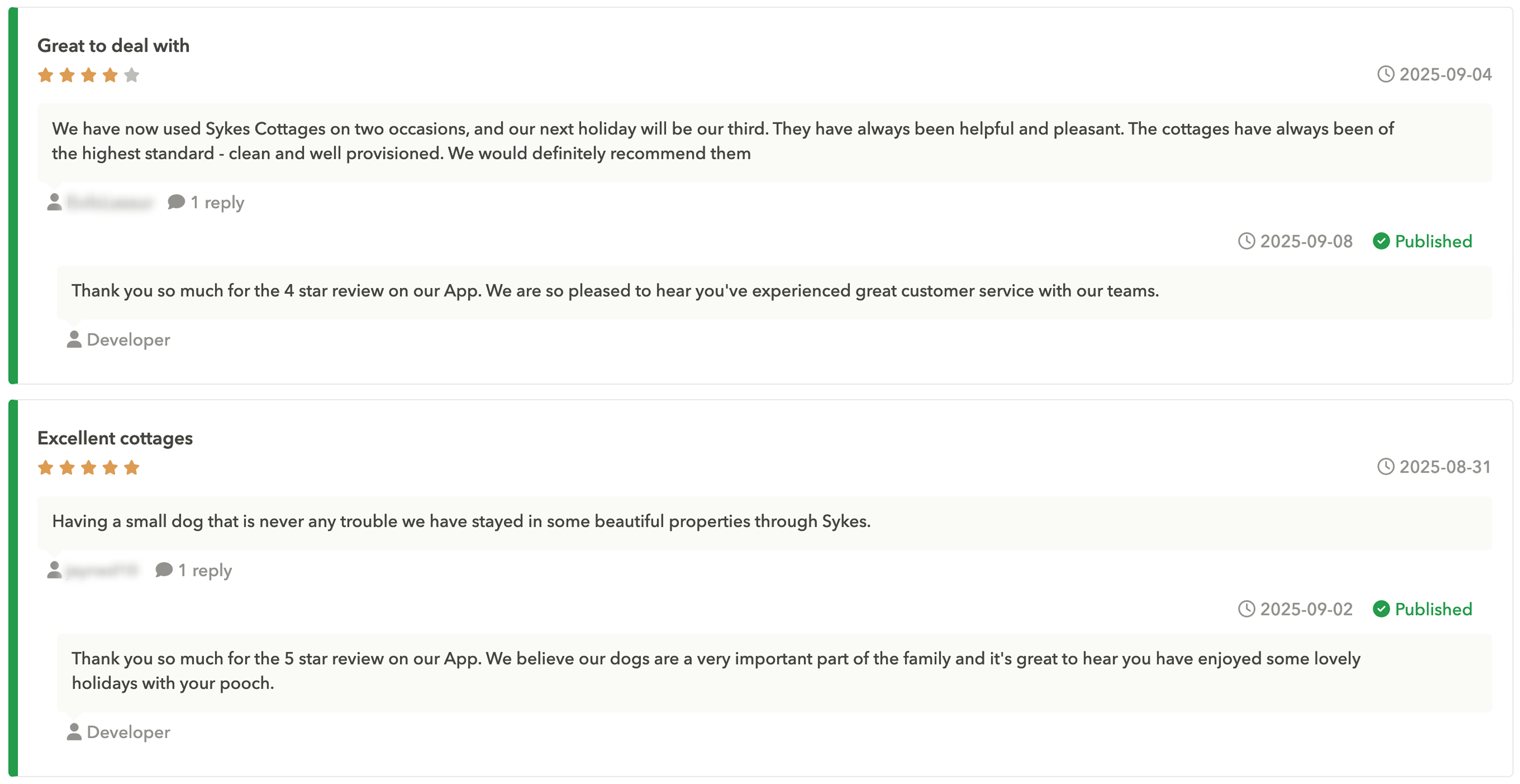 Reviews and personalized replies in AppTweak — Sykes Holiday Cottages app on the App Store