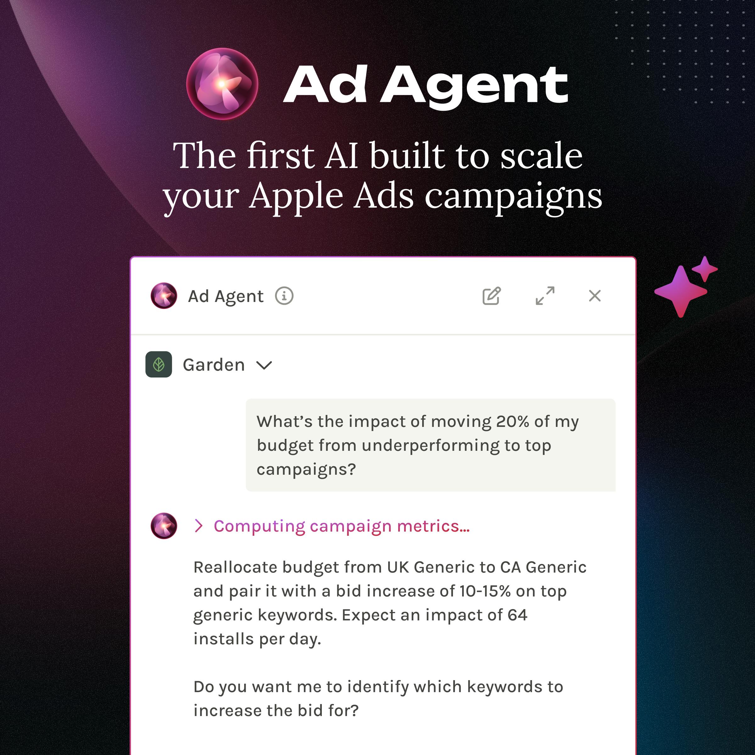 Ad Agent securely connects to your Apple Ads campaigns to provide insights tailored to your campaign strategy