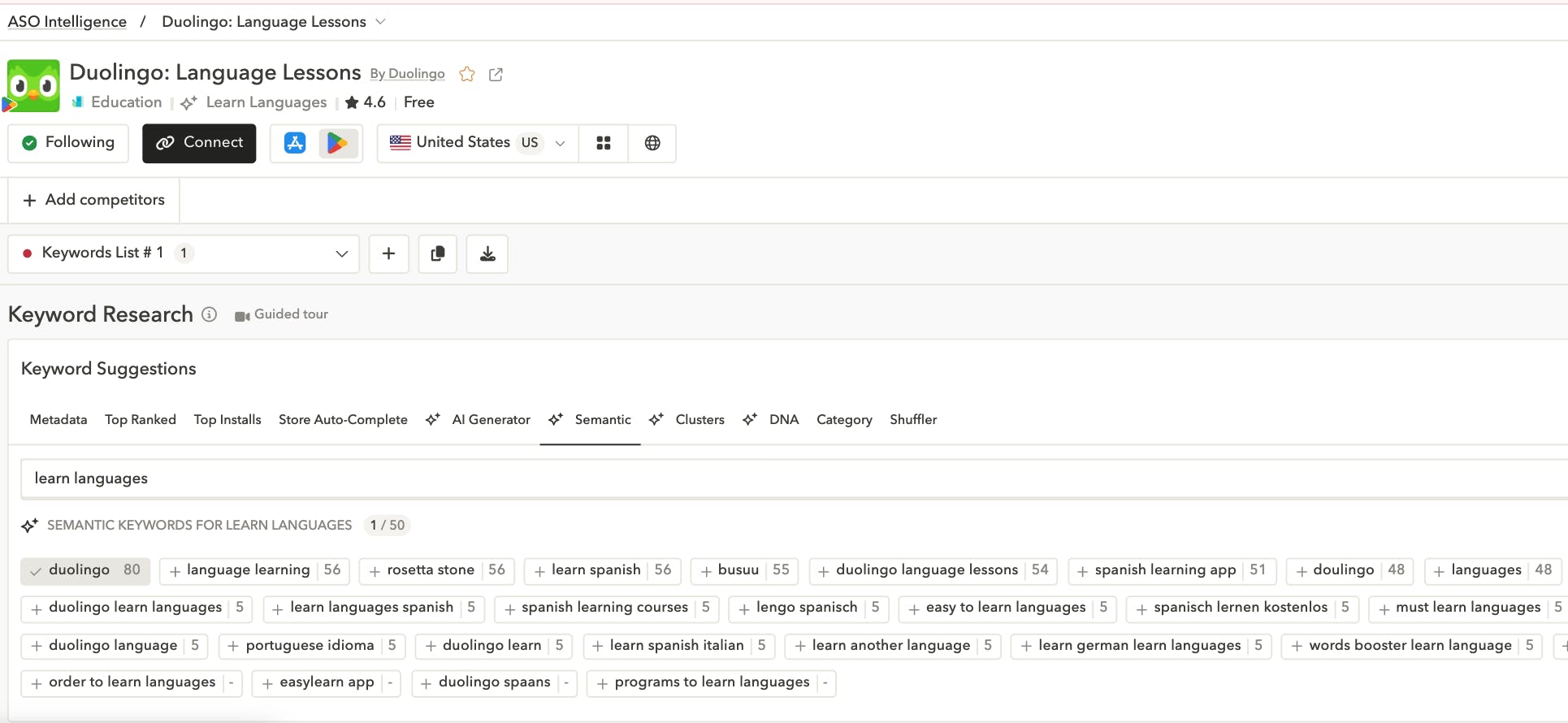 Get semantic keyword suggestions in AppTweak