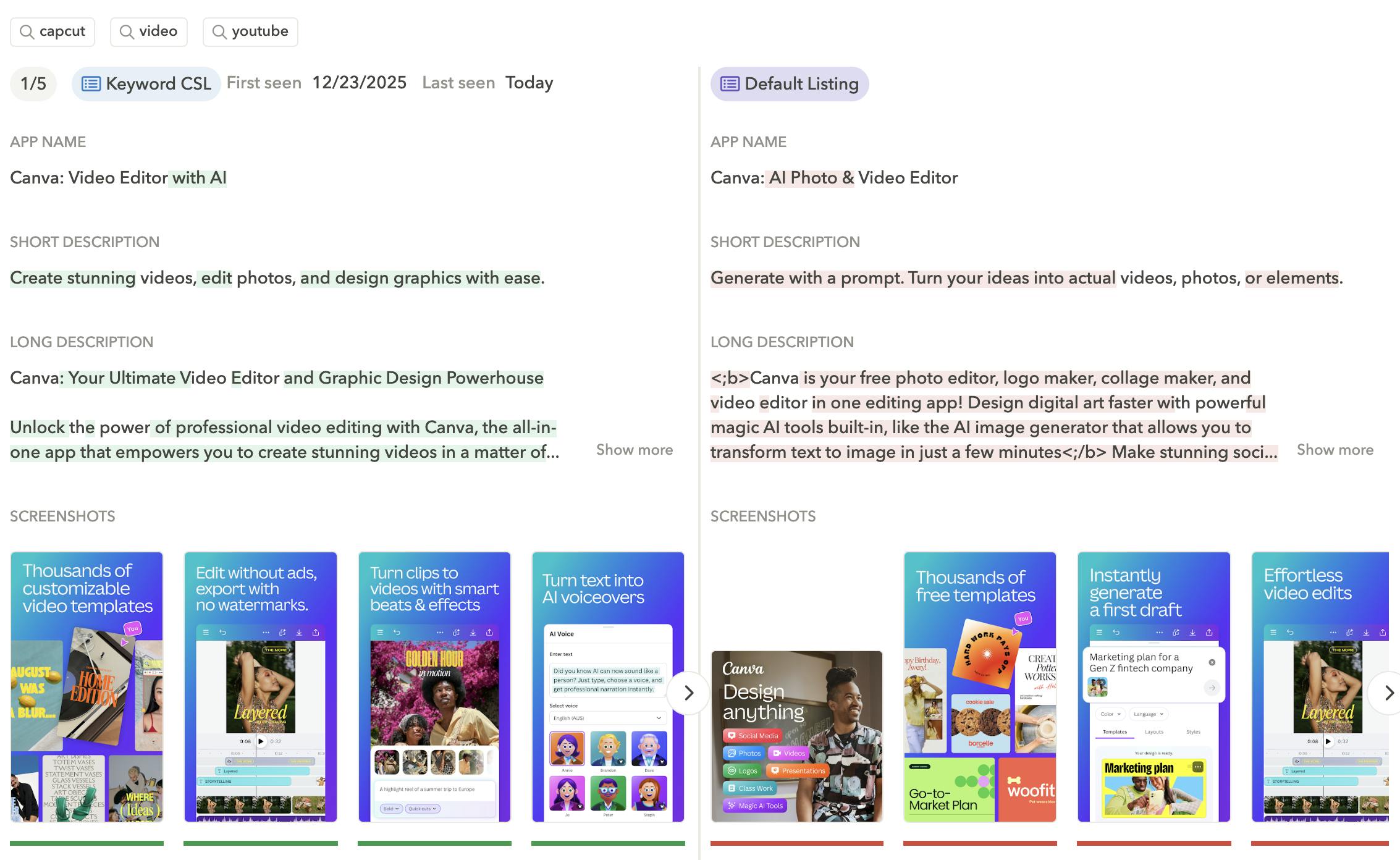Custom store listing from canva for the keyword video