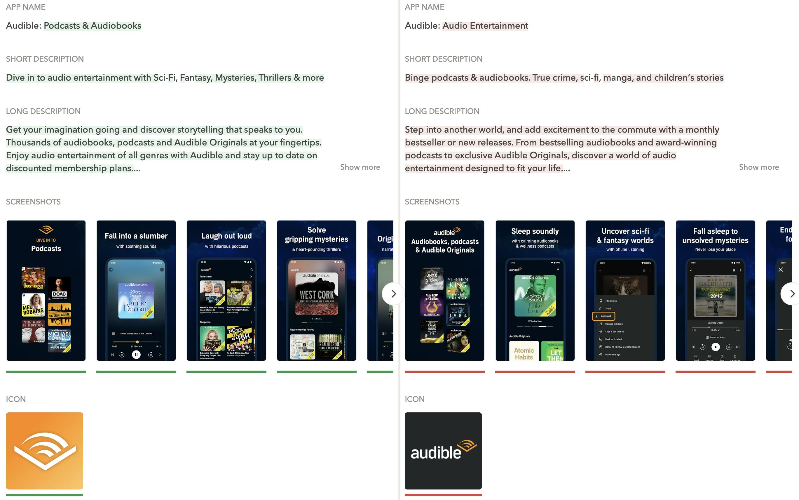 Audible running a custom store listing CSL on Google Play