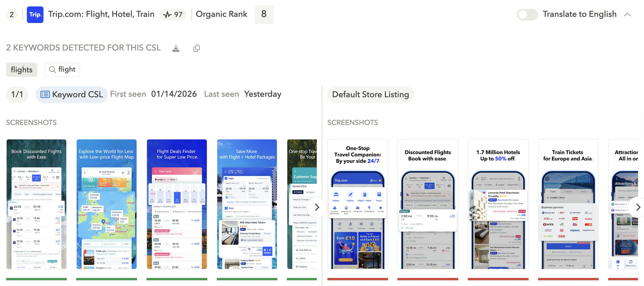 Custom store listings for travel app in the UK, source AppTweak