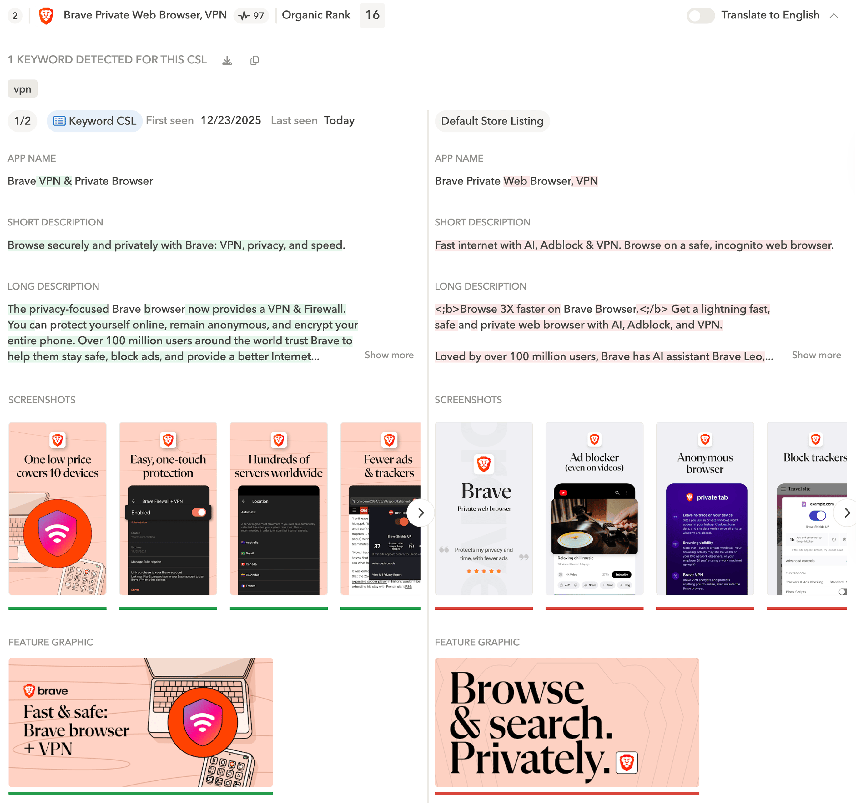 Brave app custom store listing in the US, seen in AppTweak