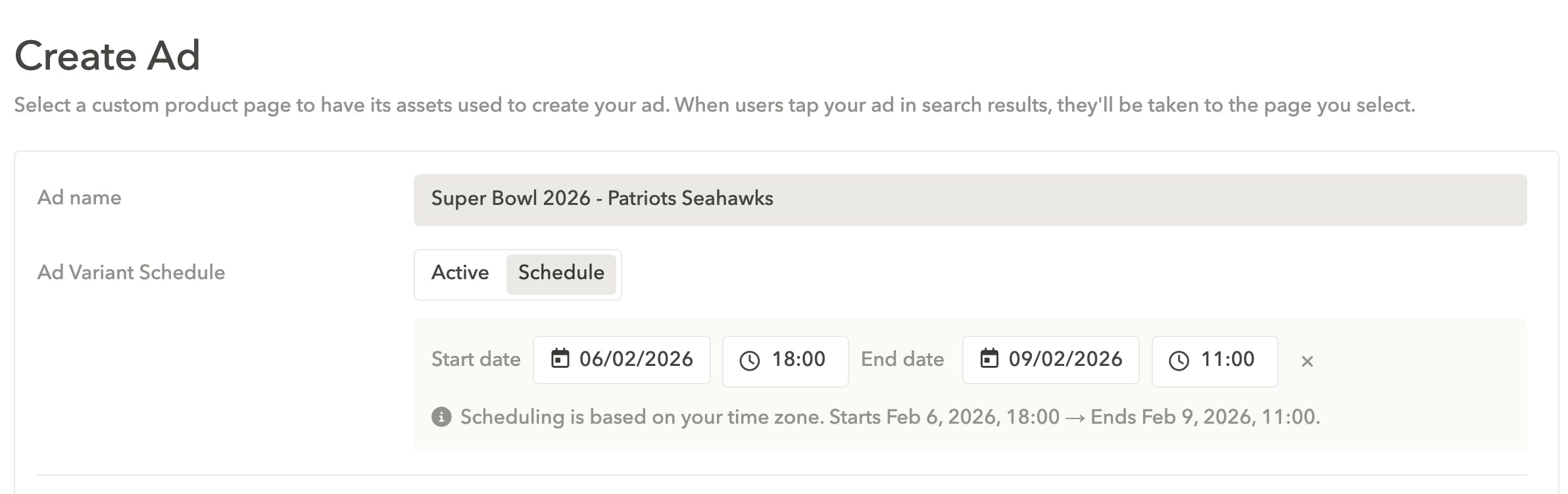 Scheduling custom product pages for Apple Ads campaigns in AppTweak