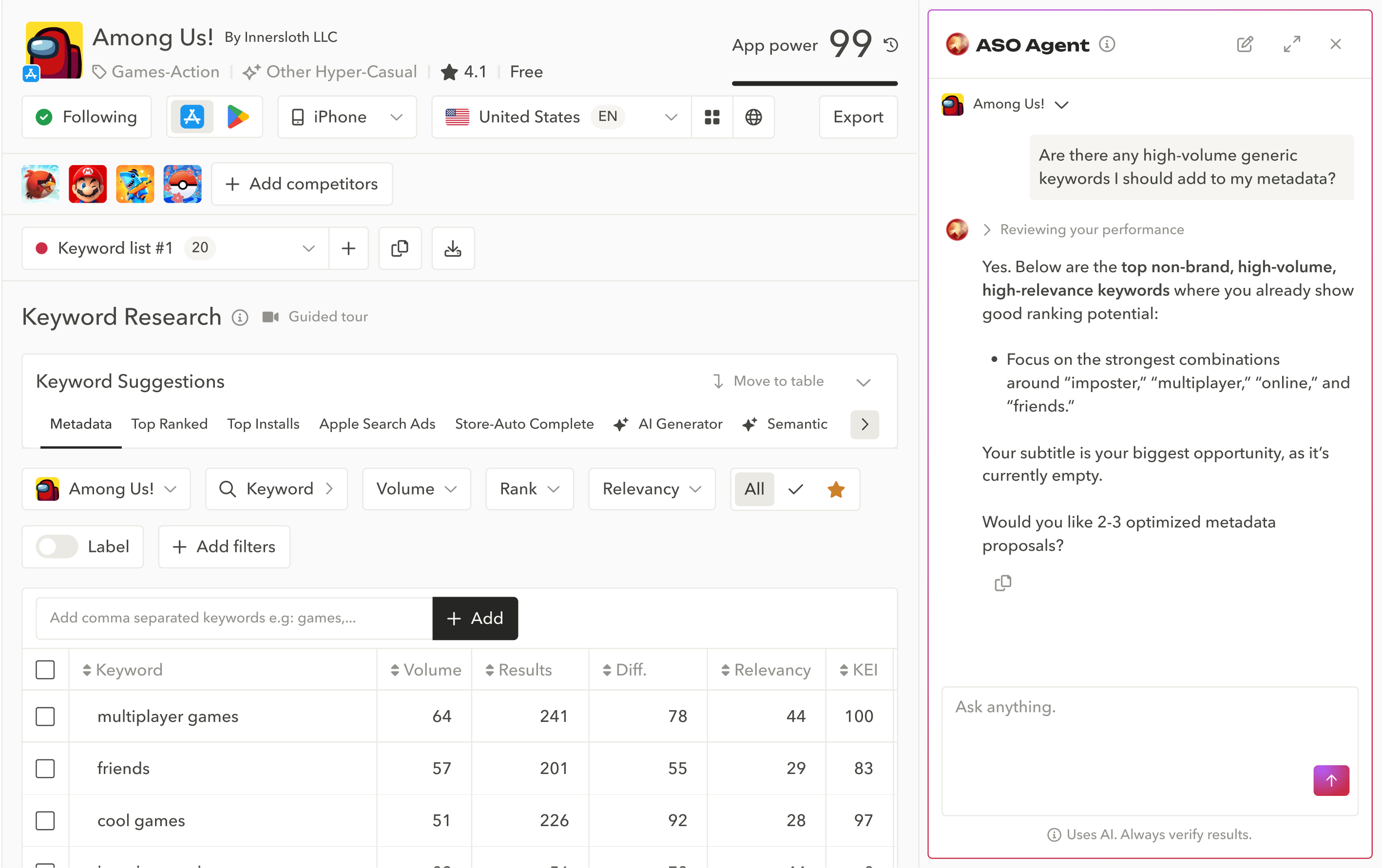 AppTweak ASO Agent AI suggests top non-brand, high-volume keywords for metadata optimization with real keyword research data.