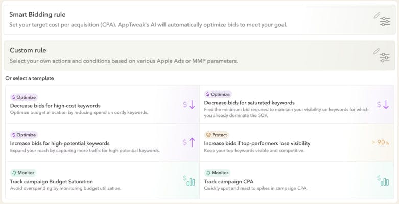 AppTweak's AI-powered smart bidding rules for Apple Ads