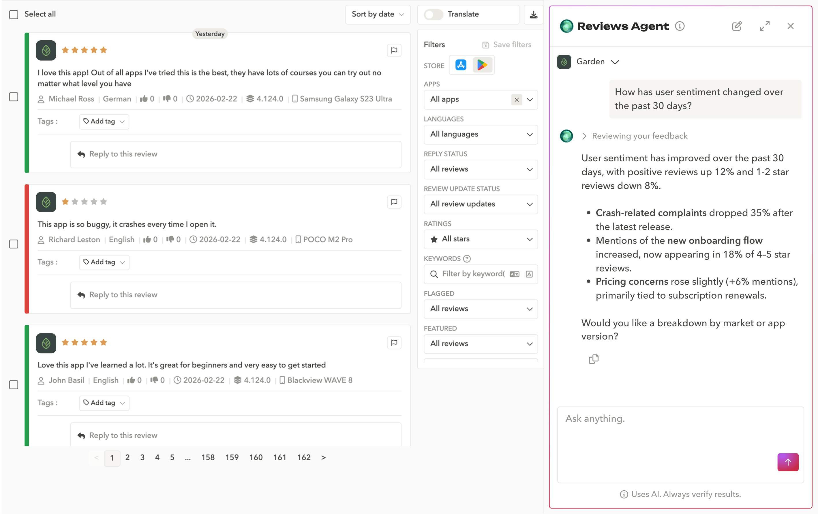 AppTweak Reviews Agent provides an AI summary of recent user sentiment trends in app store reviews.
