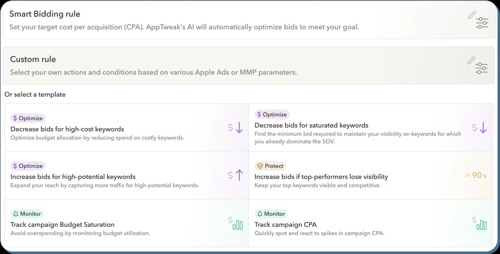 Smart bidding rules for Apple Ads campaigns can be created via AppTweak's Campaign Manager
