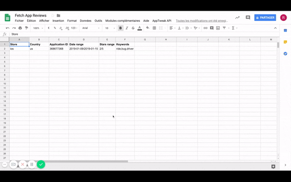 AppTweak ASO 情报 API 与 Google 表格集成 - 获取应用的筛选评论 