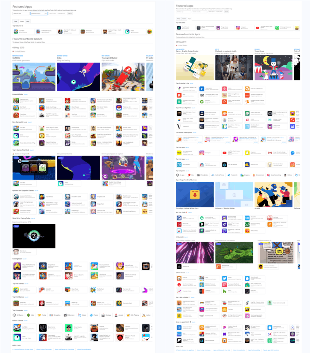 比较 Apple 在法国和德国的“应用”标签页中的精选内容 