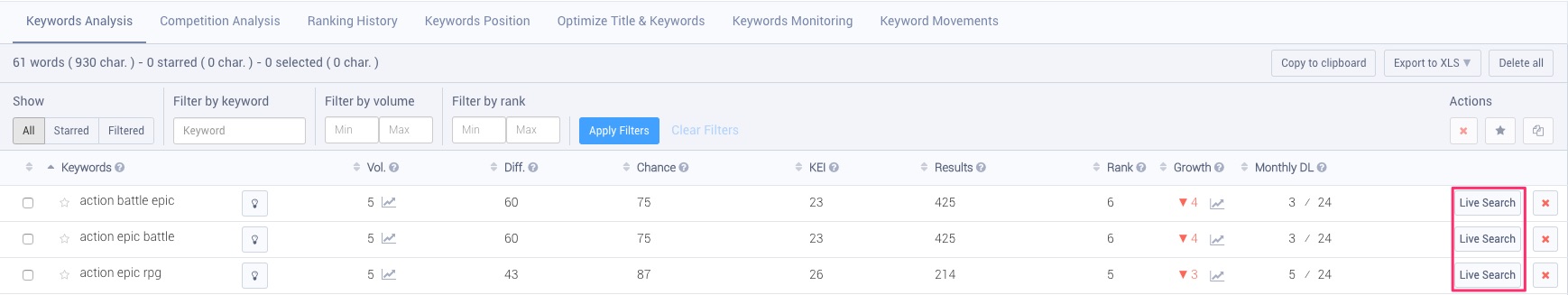 Check out AppTweak's new Live Search in the Keywords Analysis table 
