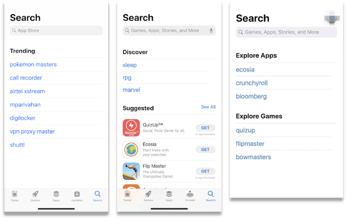 iOS 13 测试版中的新搜索标签页显示 