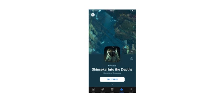 The Apple Arcade Game Shinsekai Into the Depths app page includes a video autoplaying at the top