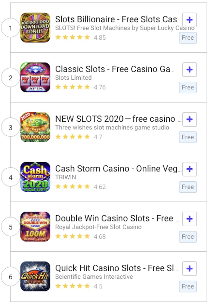 Live Search results for ‘casino games’ in the US Google Play Store.