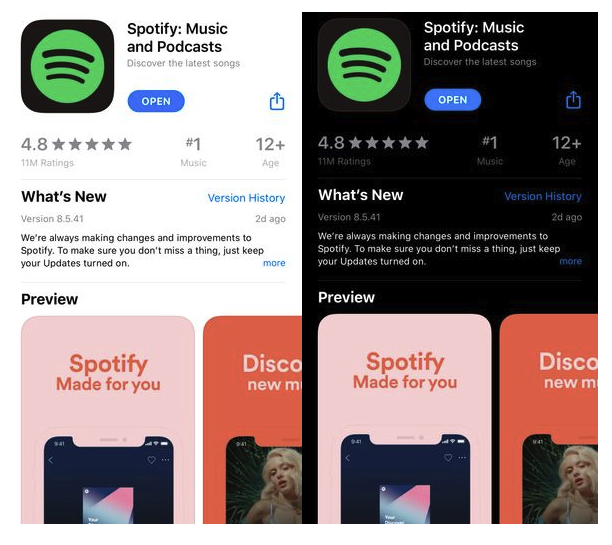 Spotify’s app icon on Light and Dark Mode on the Apple App Store.