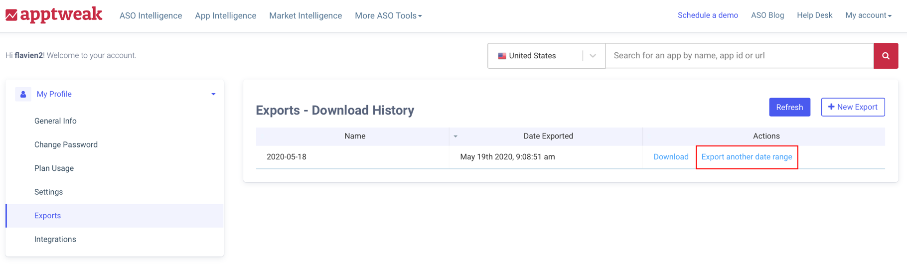 AppTweak ASO Tool: Export interface, export another date range