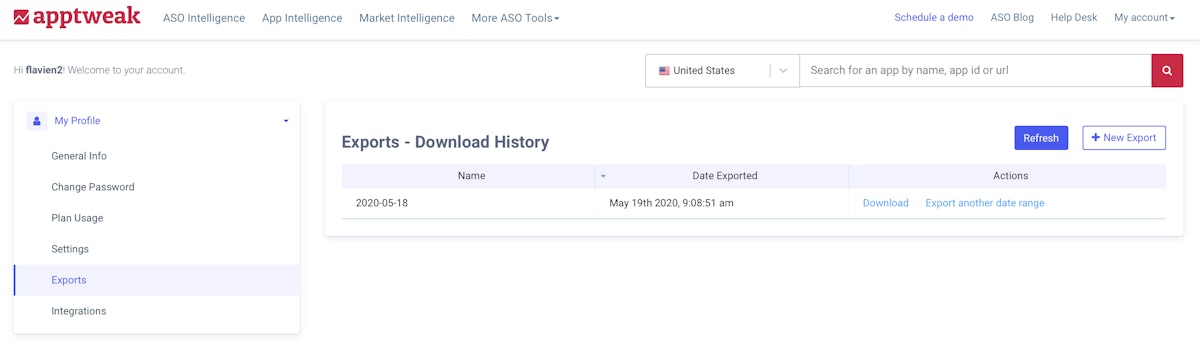 AppTweak ASO Tool: Export interface