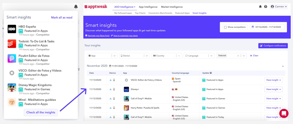 알림 (스마트 인사이트) - AppTweak ASO 도구 알림 (스마트 인사이트) - AppTweak ASO 도구