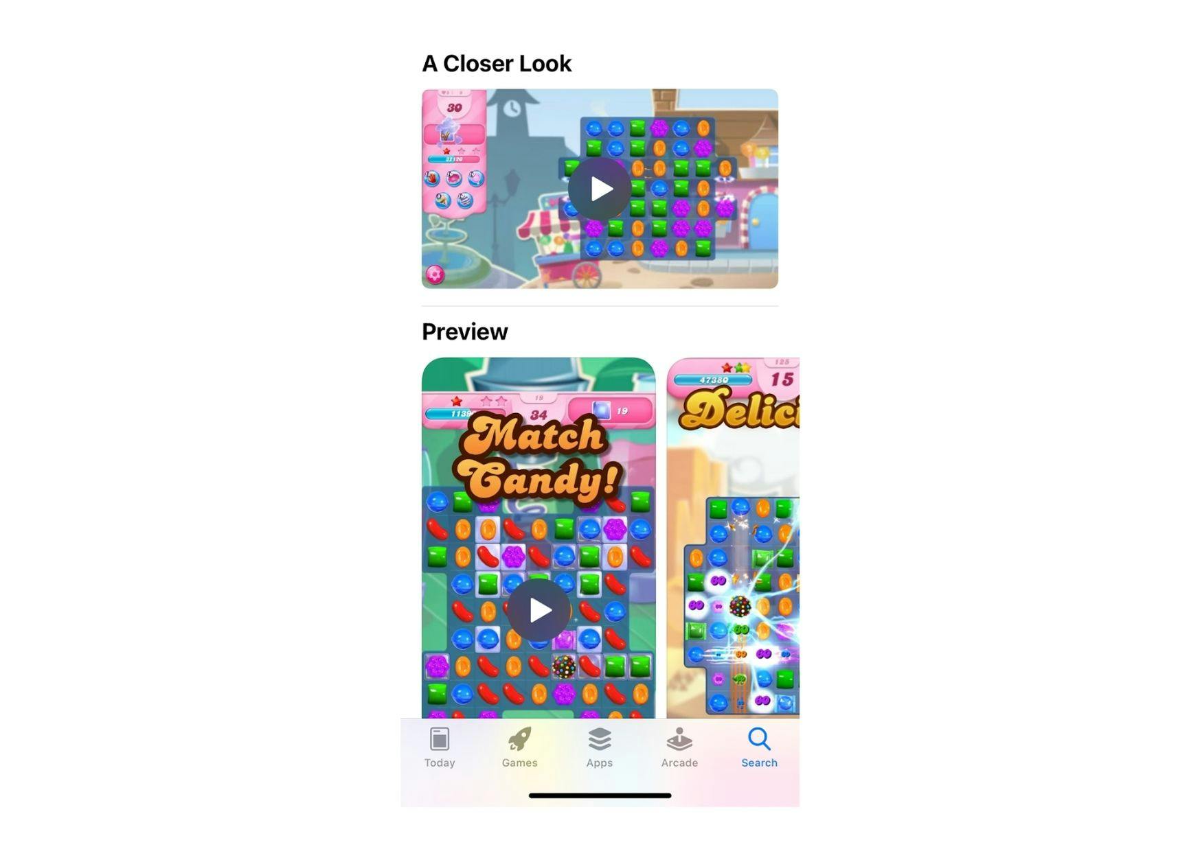 Appleがアプリプロダクトページで縦向きと横向きのビデオの組み合わせを表示する方法のCandy Crush Sagaの例
