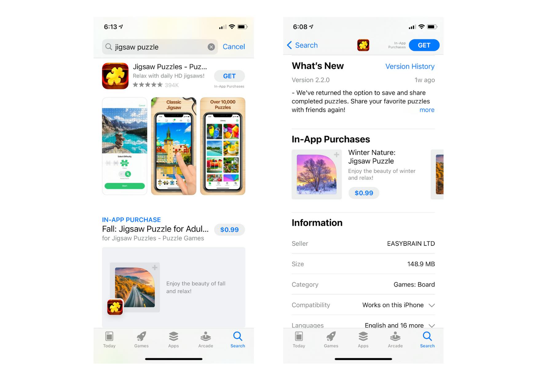 Apple App Storeの検索結果とアプリページにアプリ内購入がどのように表示されるかの例