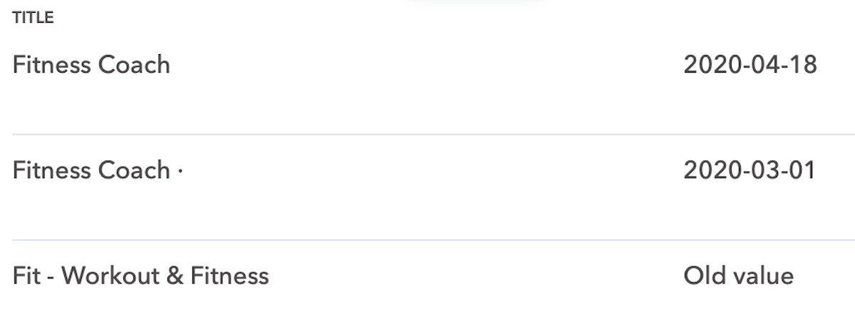過去12か月間の米国のApple App StoreにおけるFitness Coachのテキストメタデータの更新。 過去12か月間の米国のApple App StoreにおけるFitness Coachのテキストメタデータの更新。
